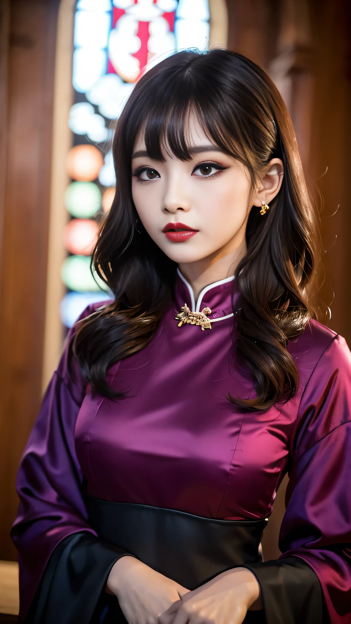 tra-detailed、Japanese、Attractive beauty、seductive adult woman、Pretty Woman、cool girl、brown hair、wavy hair、swept bangs、piercing eyes、hollow eyes、half-closed eyes、Hollow Eyes、Purple Eyeshadow、black lipstick、black lip gloss、dark makeup、smirk、Whisper in my ear、Evil expression、Long Black Cheongsam、Black wide sleeves、Evil cadres、Fallen into evil、brainwash、mind control、evil、Church at night、Swear allegiance、Have lipstick、Are standing