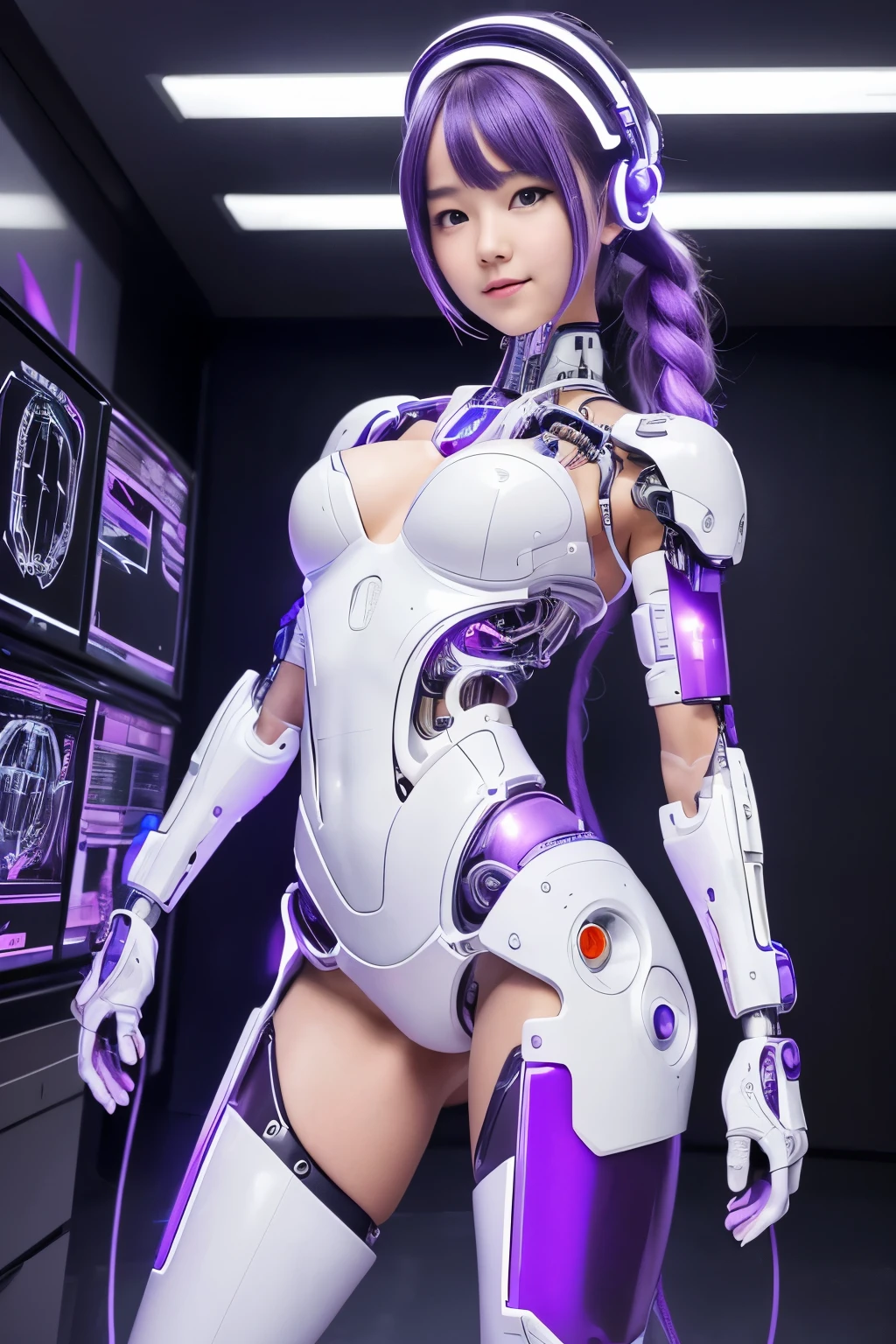 Browsing Caution,,(highest quality, High resolution, masterpiece:1.2), Very detailed, Realistic:1.37, (Perfect Anatomy),1 girl, actress, Cowboy Shot, Cute and beautiful girl body,(Transform into a super cyborg:1.3),Standing posture,Laughter,(LED Eyes:1.4),Beautiful Skin,,, Detailed facial features,(Futuristic white and purple bioplastic body:1.3)There are many cables connected to the body., attractive idol makeup,Tied metal wire hair,Cute pose,Cybernetic,cyber punk,(The background is the interior of a cyborg operating room and a monitor screen..:1.1)..