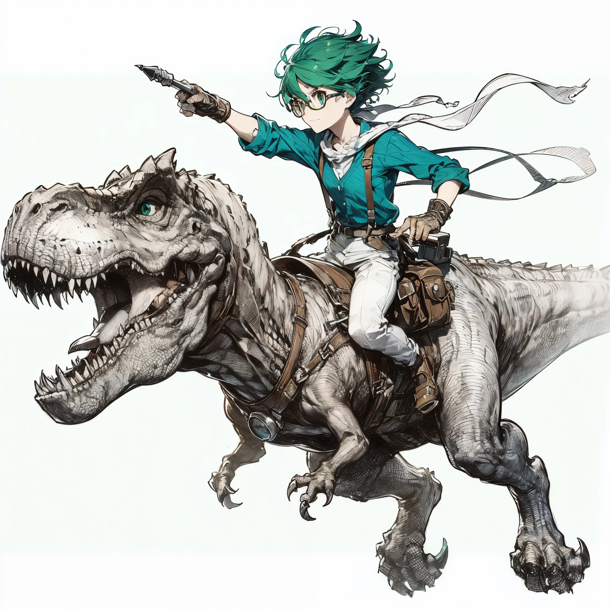 Create a line drawing of a character using pen art style, now incorporating the character riding a dinosaur. The character should be depicted dynamically riding a T-Rex, maintaining the intricate detail of green hair, wearing a blue shirt, suspenders, and steampunk glasses. The T-Rex should be drawn with attention to scale and texture, appearing formidable and powerful. The artwork should emphasize sharp, fine lines and clean strokes with hatching for shading, capturing the essence of a hand-drawn manga illustration with the unique twist of dinosaur riding.