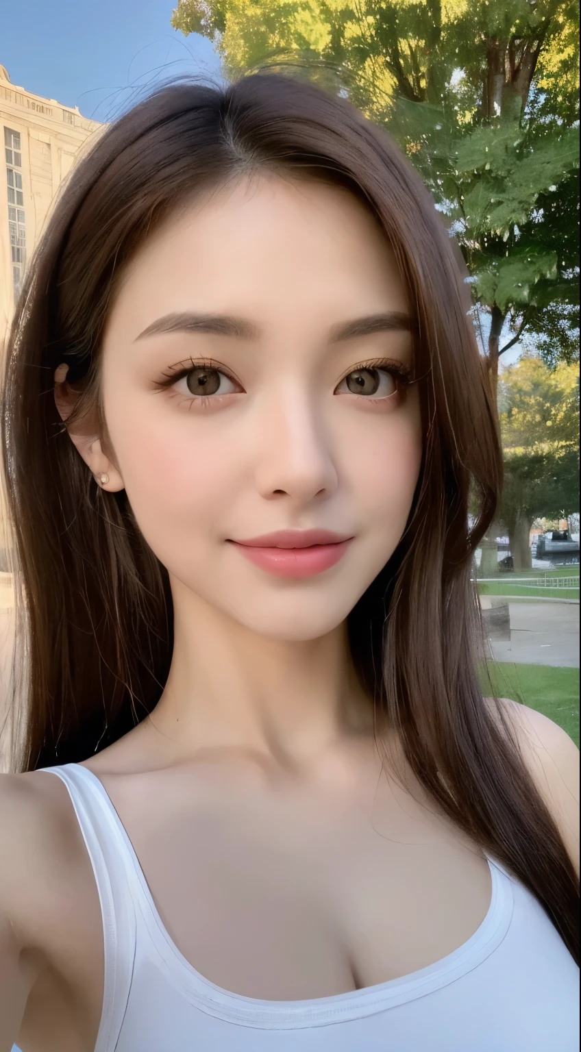 ((Realistic lighting, highest quality, 8k, masterpiece: 1.3)), Clear focus: 1.2, One Girl, Perfect beauty: 1.4, Slim Abs: 1.1, ((Dark brown hair)), (White crop top: 1.4), (Outdoor, night: 1.1), View of the park, Very beautiful face, Beautiful Eyes, double eyelid,smile、big breasts、Cleavage