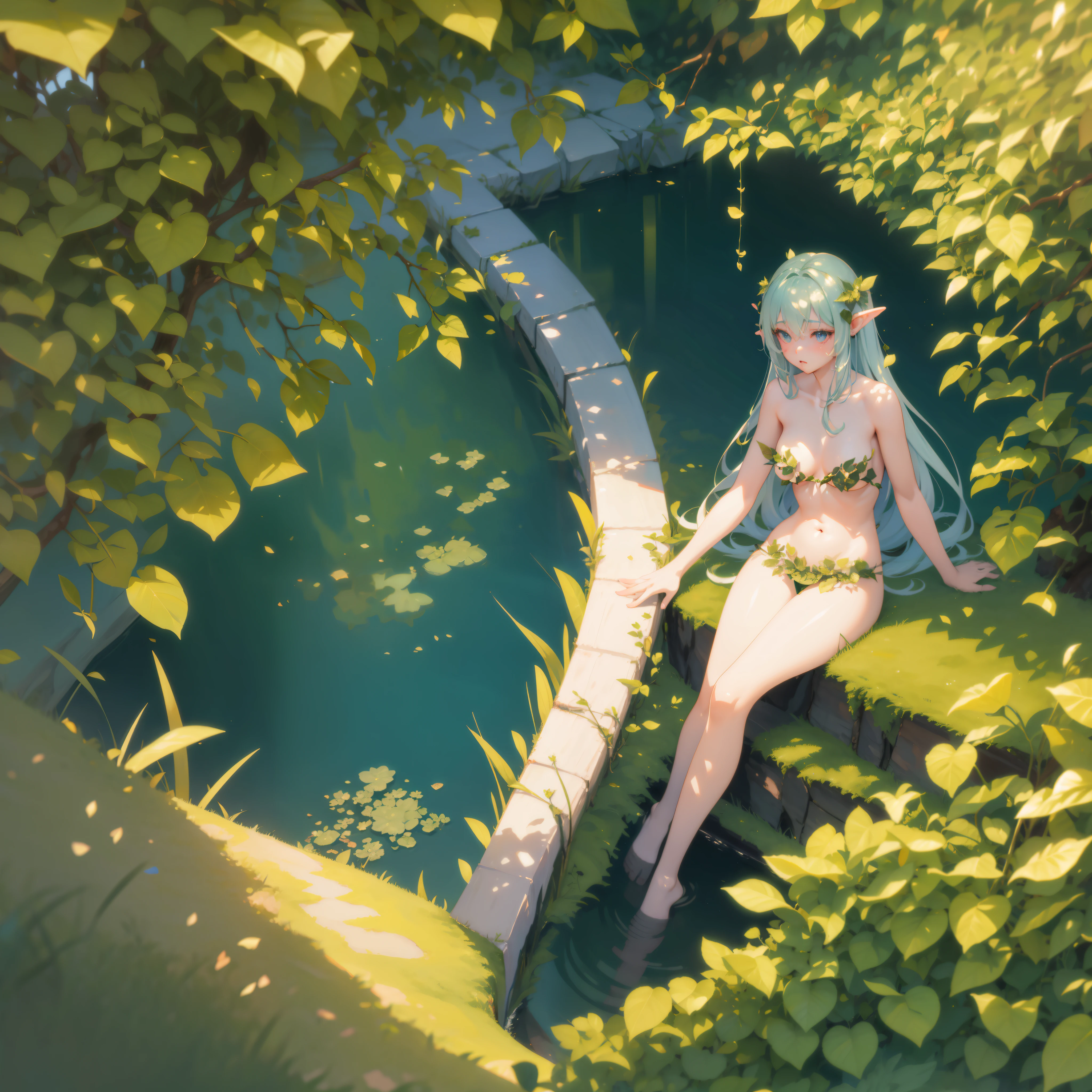 NSFW, nude, Leaf clothes, lure, looking at the camera, Dryad, high quality, 4K, In frame, Photorealistic anime girl rendering, Cute 3D Anime Girl Rendering, Smooth anime CG art, Realistic portrait full body realistic anime 3D style, photorealistic full body 