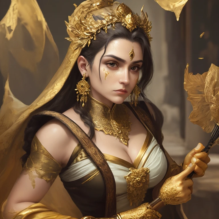 Strong woman, holding a brush with a gold leaf, complex painting on canvas, dressed in an artist's costume, concentrated expression, brightly lit studio, golden shades, reflected from the walls, Realistic CGI, high resolution textures, Exciting details, masterpiece, Gold leaf decoration in all its glory.