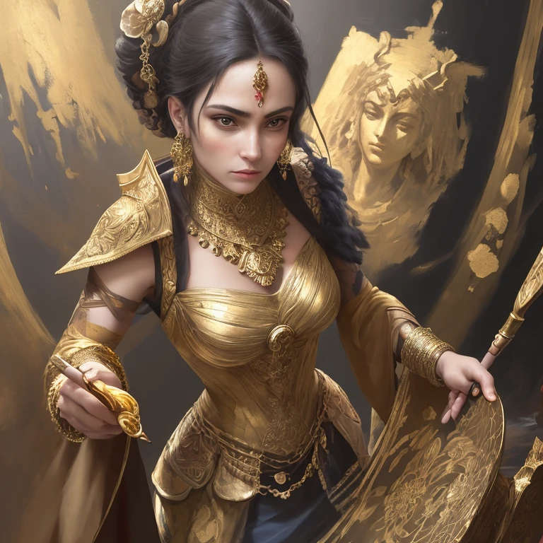 Strong woman, holding a brush with a gold leaf, complex painting on canvas, dressed in an artist's costume, concentrated expression, brightly lit studio, golden shades, reflected from the walls, Realistic CGI, high resolution textures, Exciting details, masterpiece, Gold leaf decoration in all its glory.