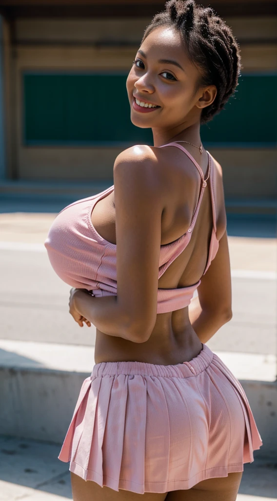 mature african girl, 30 years old, light skin, smiling, big , super big breasts, big breasts nice lips, tank top, cleavage, curvy body, skate park, skating, short pink pleated skirt, belly showing, solo, bent over, looking back at camera, (masterpiece:1.2,high quality), 1girl, ((ultra realistic details)), global illumination