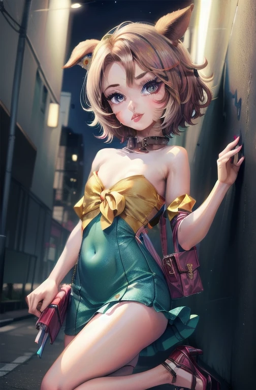 1girl,solo,(shiny clothes),(pink strapless),tight dress, midriff,pencil skirt,highleg,green skirt, twintails, (loli:1.8),eyelashes, (makeup:1.4),(lipstick:1.4), (night:1.3), flat chest, pink eyes, blonde hair, smirk, alley,against wall, partially visible vulva, navel, legs apart, cleft of venus,shoulder bag, high heels, animal collar, facing viewer,