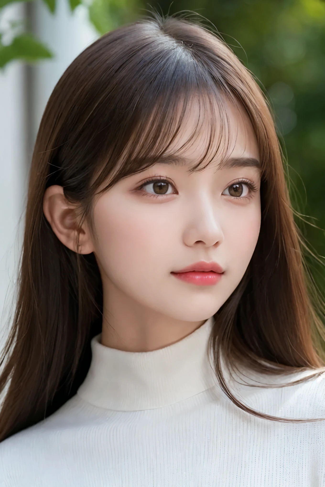 Photography in high definition quality, capturing the realism of a young girl. The image is a masterpiece of detail, showcasing the intricate features of a beautiful and youthful face. Her bright and expressive eyes sparkle with life, framed by long, natural eyelashes and perfectly shaped eyebrows. Her medium length, wavy brown hair cascades down her shoulders, subtly covering her small, delicate ears. She wears a white turtleneck knit top that fits her slender figure perfectly, accentuating her frame. Her natural, glowing skin radiates health and vitality, with a slight blush adding a touch of playfulness to her complexion. The background