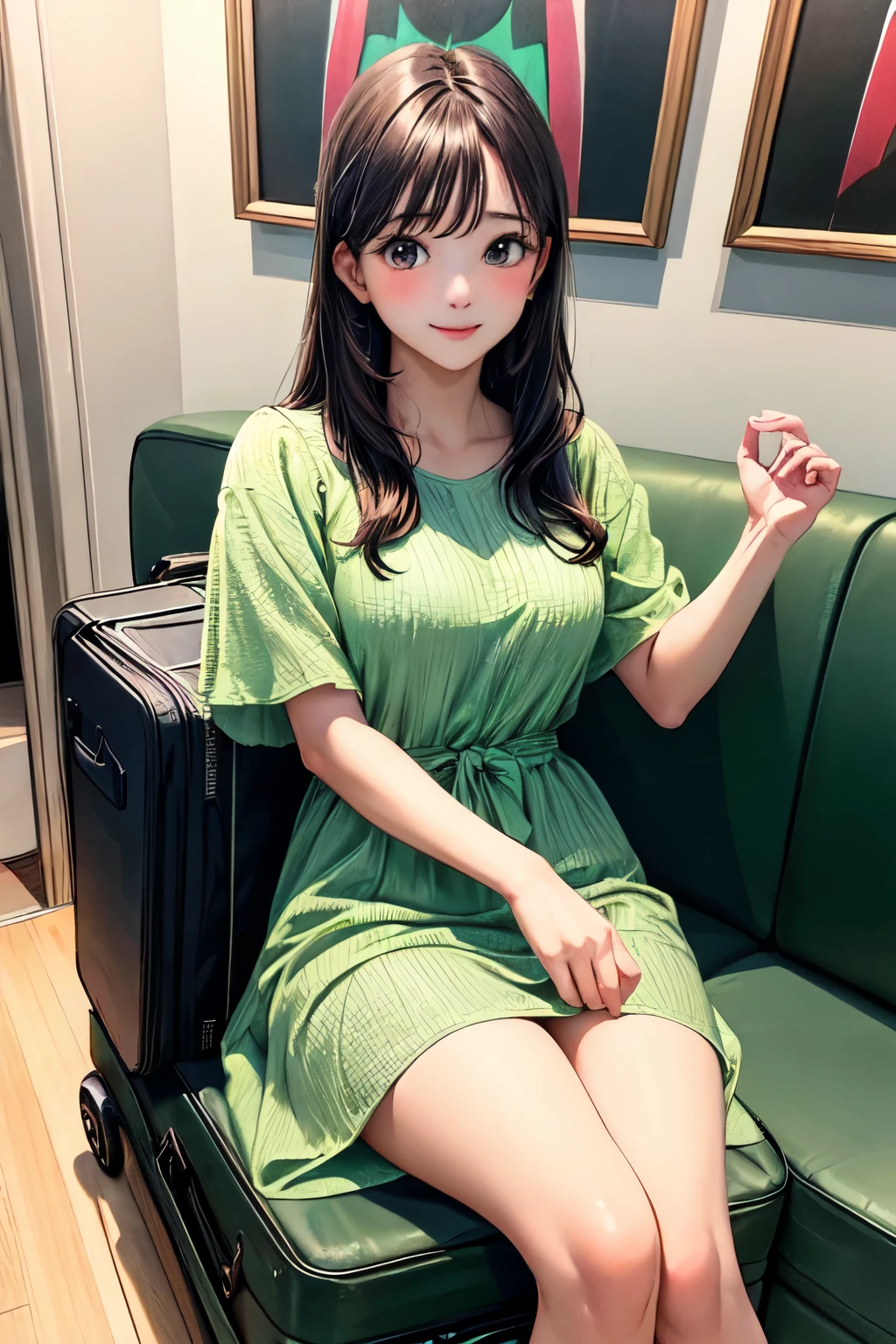 ((melhor qualidade)), ((obra de arte)), (detalhado), rosto perfeito
de 28 anos , in green dress sitting on black sofa in living room, putting clothes in a rolling suitcase that is open. clima de viagem, pensativa