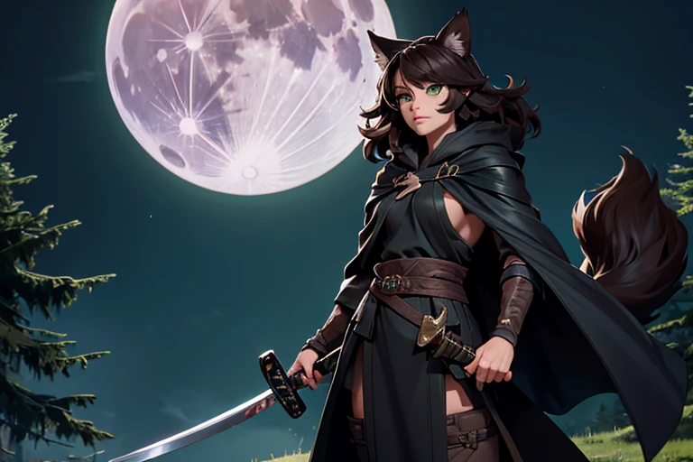 Female, dark brown hair, wolf ears and tail, green eyes, black cloak, sheathed steel katana, forest, full moon