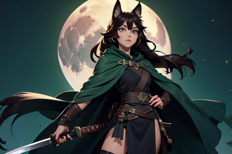 Female, dark brown hair, wolf ears and tail, green eyes, black cloak, sheathed steel katana, forest, full moon