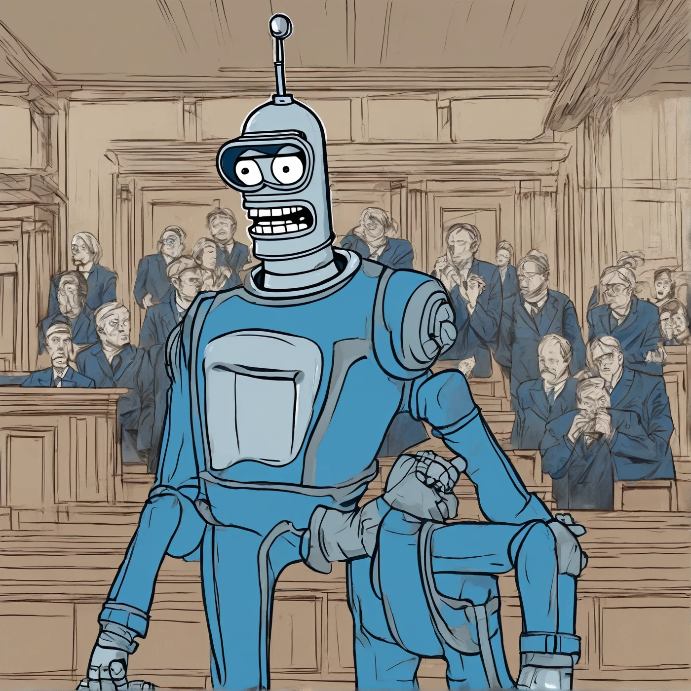 close up face of bender blue tracksuit clutching his head surprised flabbergabsted shocked , PECourtRoomSketch, courtroom, dramatic motion lines
