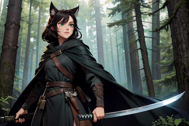 Female, dark brown hair, wolf ears and tail, green eyes, black cloak, sheathed steel katana, forest