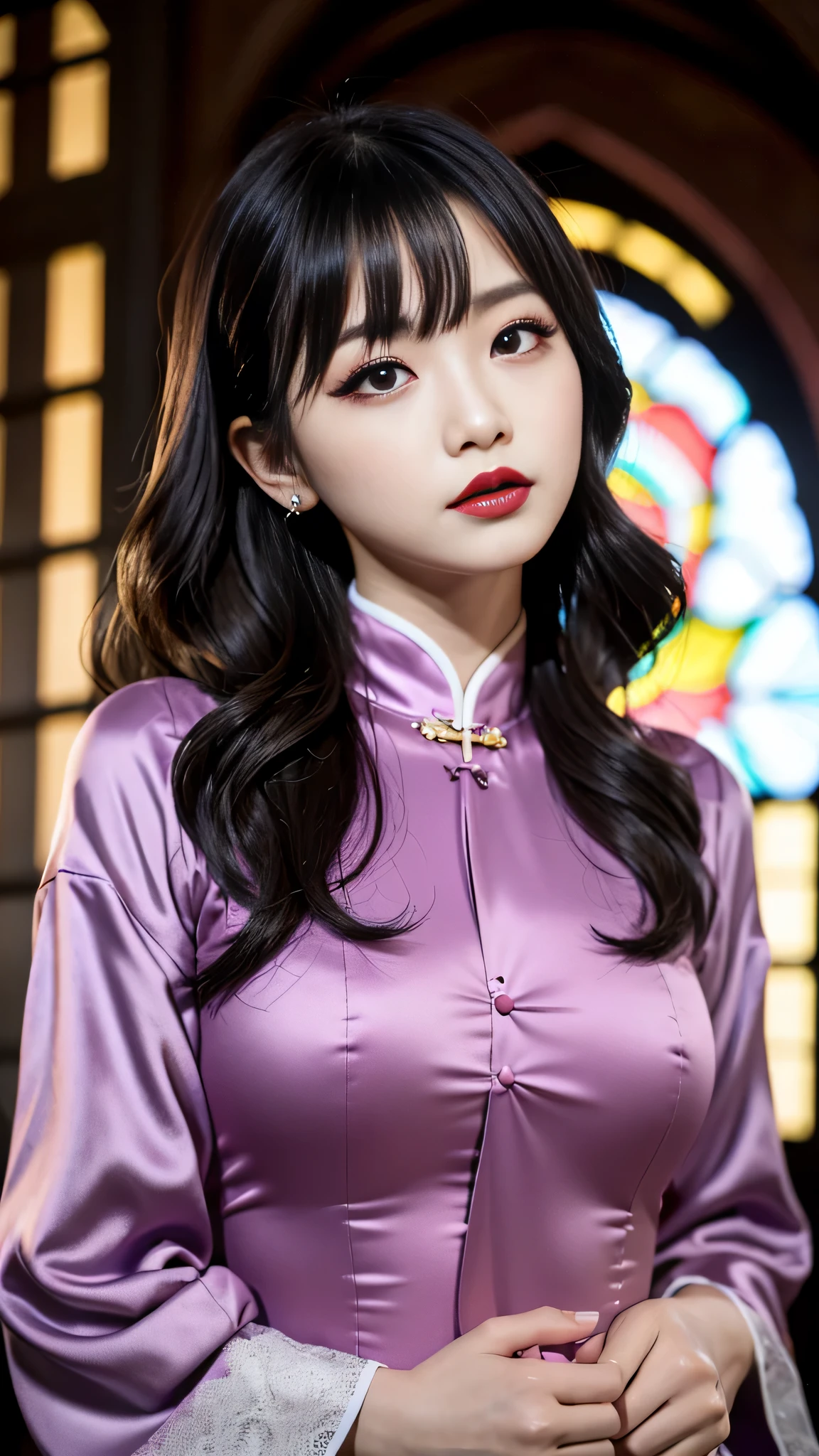 tra-detailed、Japanese、Attractive beauty、seductive adult woman、Pretty Woman、cool girl、brown hair、wavy hair、swept bangs、piercing eyes、hollow eyes、half-closed eyes、Hollow Eyes、Purple Eyeshadow、black lipstick、black lip gloss、dark makeup、smirk、Whisper in my ear、Evil expression、Long Black Cheongsam、Black wide sleeves、Evil cadres、Fallen into evil、brainwash、mind control、evil、Church at night、Swear allegiance、Have lipstick、Are standing