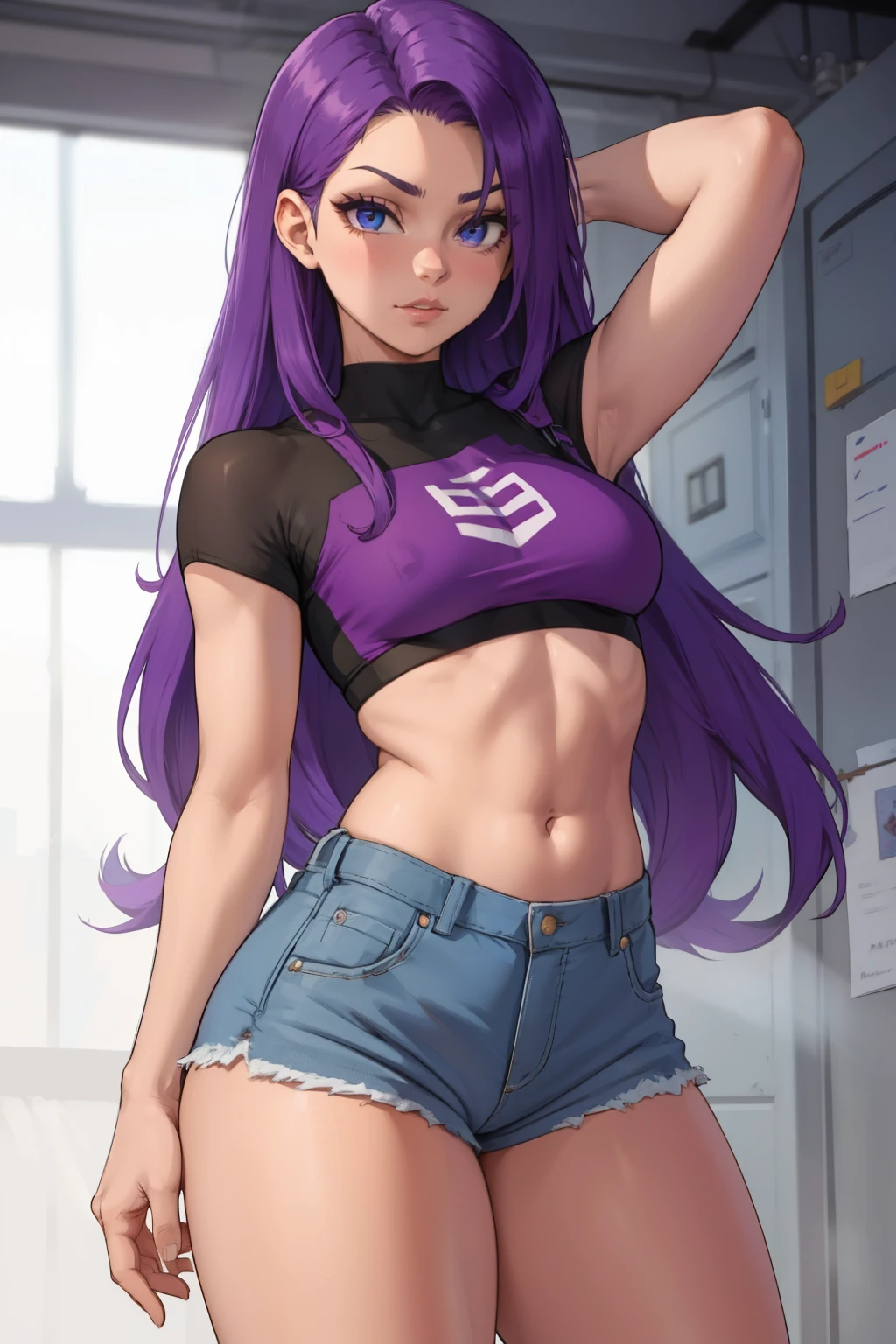 1girl, very long hair, purple hair, blue eyes, hotpants, crop top, cute face