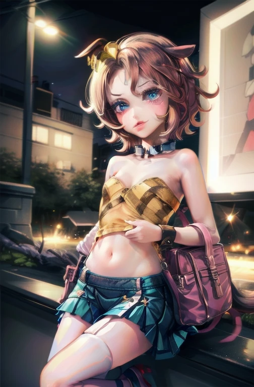 1girl,solo,(shiny clothes),(pink strapless),tight dress, midriff,pencil skirt,highleg,green skirt, twintails, (****:1.8),eyelashes, (makeup:1.4),(lipstick:1.4), (night:1.3), flat chest, pink eyes, blonde hair, smirk, alley,against wall, partially visible vulva, navel, legs apart, cleft of venus,shoulder bag, high heels, animal collar, facing viewer,