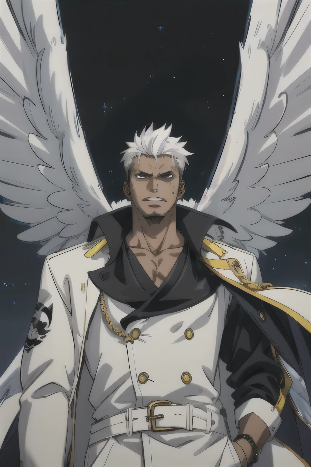 one anime style man, black skin, white hair, black jacket, black wings on his back, pirate, dark scenario, dark skin