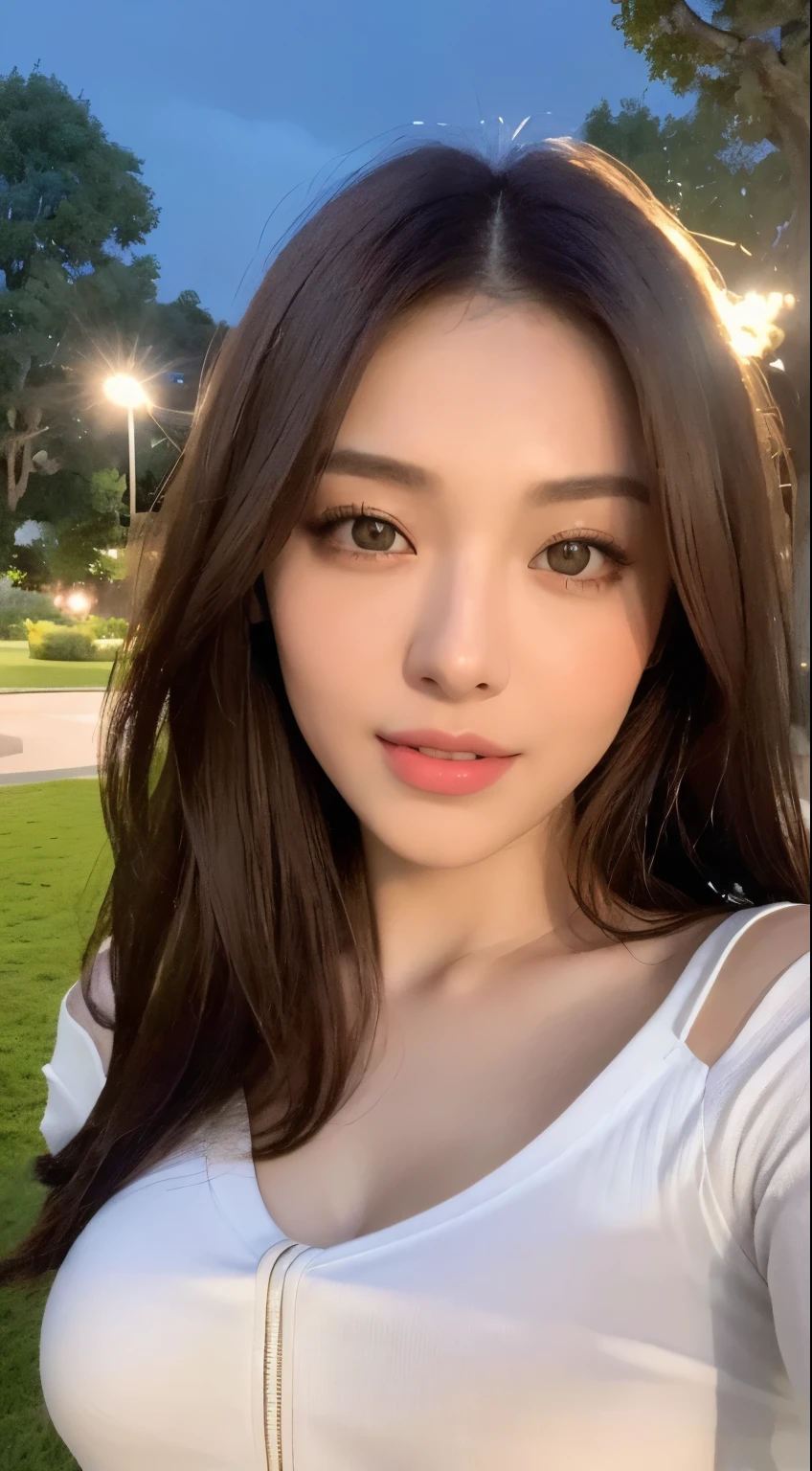 ((Realistic lighting, highest quality, 8k, masterpiece: 1.3)), Clear focus: 1.2, One Girl, Perfect beauty: 1.4, Slim Abs: 1.1, ((Dark brown hair)), (White crop top: 1.4), (Outdoor, night: 1.1), View of the park, Very beautiful face, Beautiful Eyes, double eyelid,smile、big breasts、Cleavage