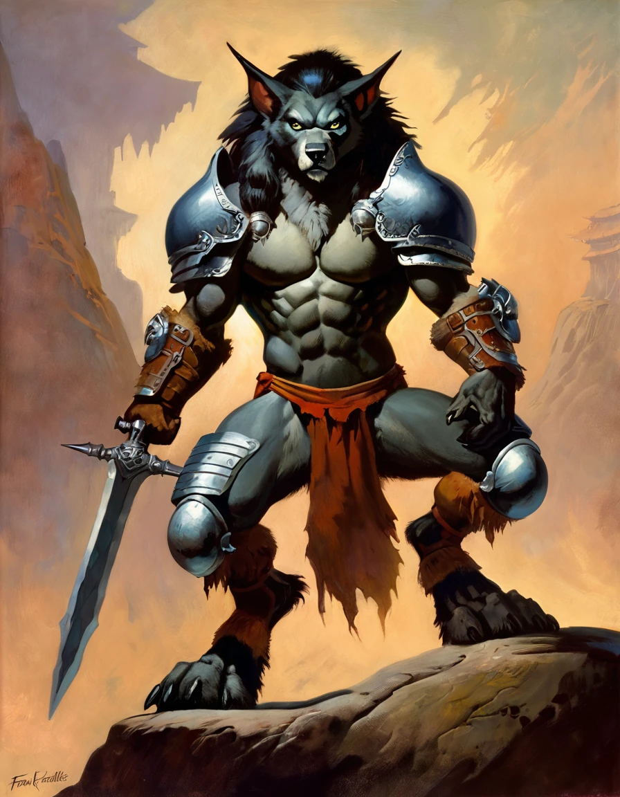 Worgen, by frank frazetta, solo, abs, pecs, male, digitigrade feet, badass stance, armor, detailed, masterpiece, best art,