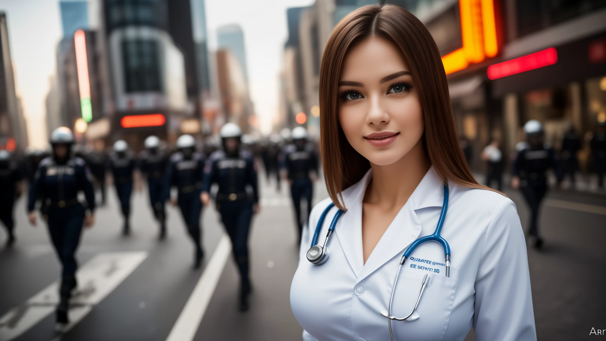 masterpiece,best qualtiy,hdr, hyper HD, 8K,Bokeh,Ultra-fine painting,Sharp focus,Physically-based rendering,Extreme detail description,portraitures,full-body photo,three Female medical in a very tight buttoned uniform, leaning forward at viewer, (shag hair), Sexy smile, (in city in riot:1.2), (kissing:1.2), perfect eyes, perfect hands, perfect body, perfect hair, (Big breasts:1.3), (EOS R8, 50 millimeters, F1.2, 8K, RAW photo:1.2), photograph by arny freytag