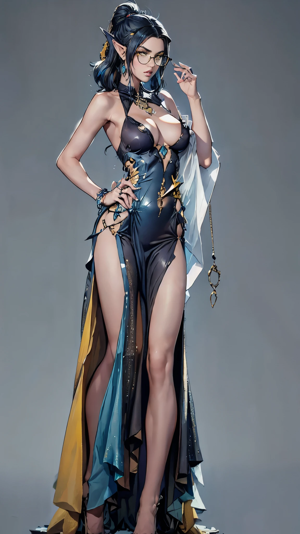 8k, high detailed picture, realistic picture,young girl, (short dark blue hair:1.2), (yellow eyes:1.2), serious, medium breast, rectangular glasses, dutch angle, sashagrey, (ahoge:1.2), dark elf witch, long very tight multycolored dress with low-cut, large slit, (pointed ears), (nipples trough clothes:1.1), simple white background, slim girl, fantastically beautiful girl, full body, bizzare jewelry, hands, slender girl, narrow hips, pelvic_curtain dress, hippiechicks