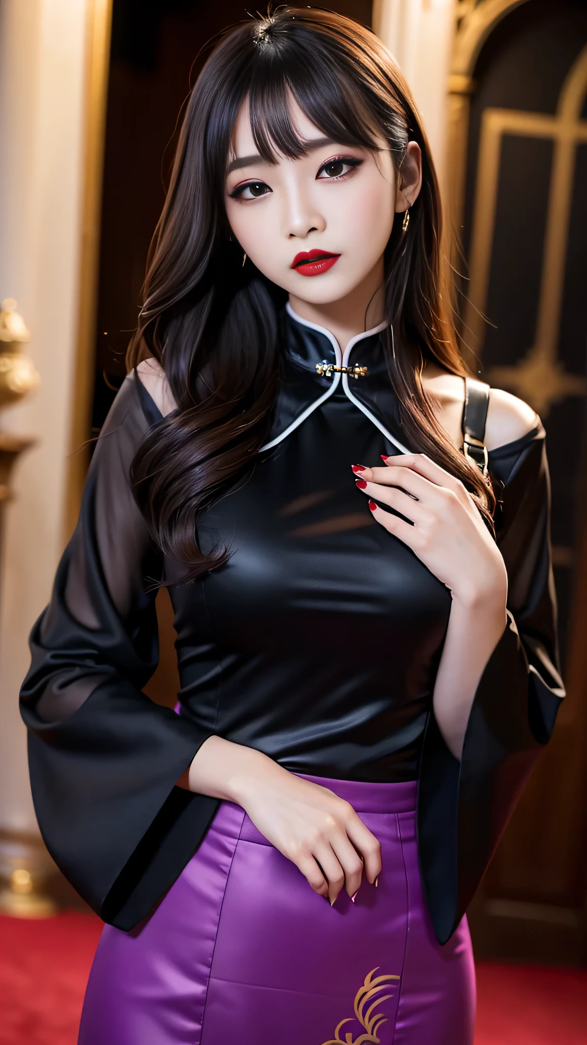 tra-detailed、Japanese、Attractive beauty、seductive adult woman、Pretty Woman、cool girl、brown hair、wavy hair、swept bangs、piercing eyes、hollow eyes、half-closed eyes、Hollow Eyes、Purple Eyeshadow、black lipstick、black lip gloss、dark makeup、smirk、Whisper in my ear、Evil expression、Long Black Cheongsam、Black wide sleeves、Evil cadres、Fallen into evil、brainwash、mind control、evil、Church at night、Swear allegiance、Have lipstick、Are standing