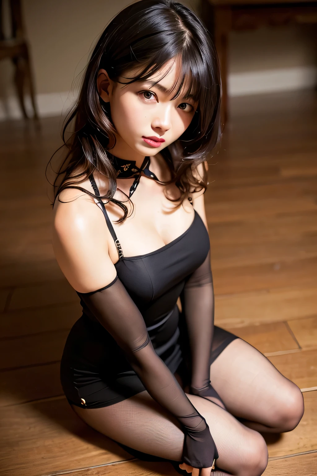 (8k, RAW photo, photorealistic: 1.25), 1girl,solo,23 years old,Wavy curly hair,Heavy makeup,Red lips,Cheongsam long skirt,Clear silk pantyhose,Black stiletto heelature,