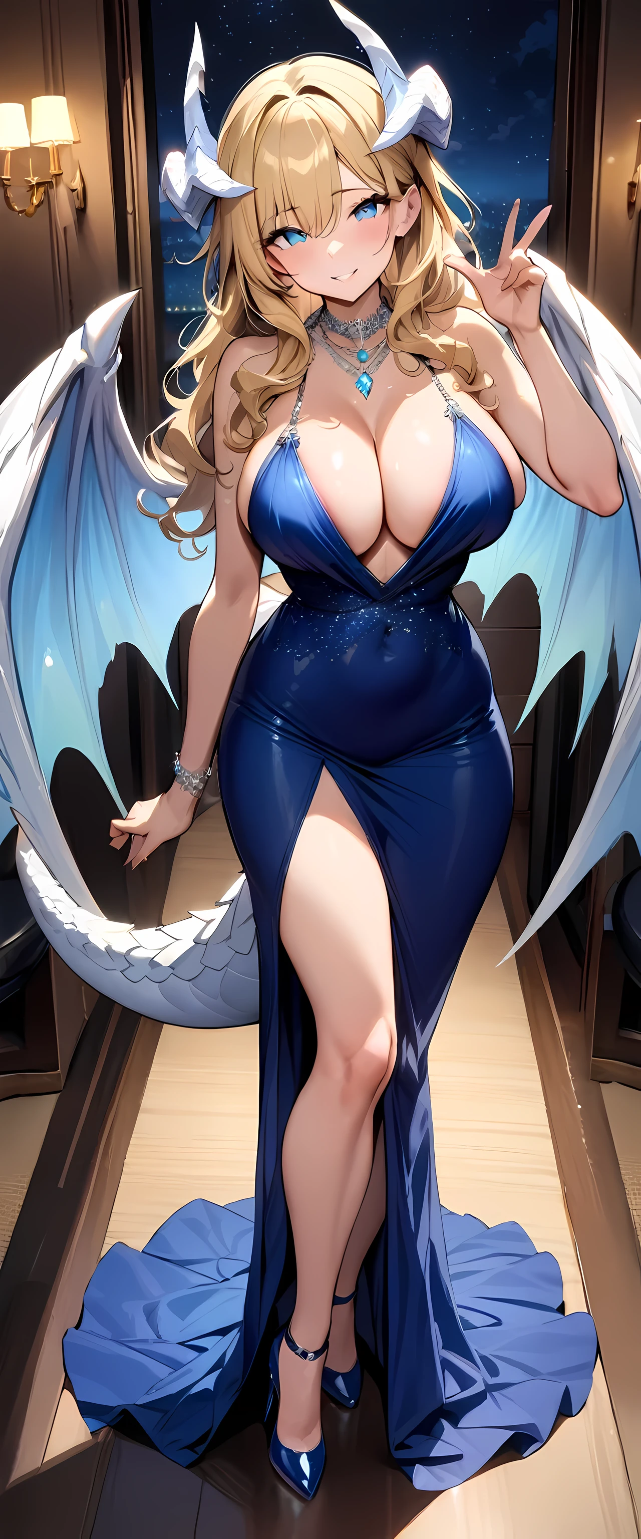 (masterpiece), best quality, expressive eyes, perfect face,mature woman, big breasts,white dragon horns,white dragon wings, white dragon tail, looking at viewer,blonde hair, wavy hair, blue eyes, full body,diamond necklace, blue navy long sexy dress, high heels,smiles,dazzling night,standing,head tilt,one hand outstretched to viewer