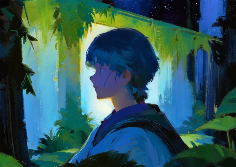 Close-up of summer night in the forest, casas brilhando de azul o fundo. plantas vibrantes e um brilho, clear night sky. Fundo do anime