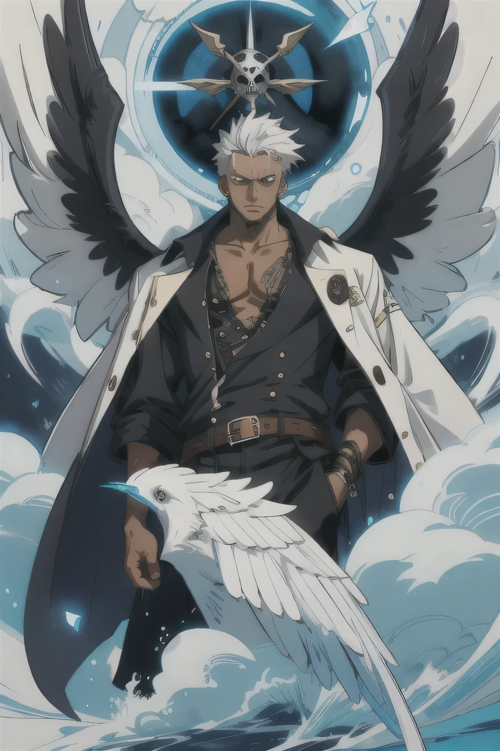one anime style man, black skin, white hair, black jacket, black wings on his back, pirate, dark scenario, dark skin