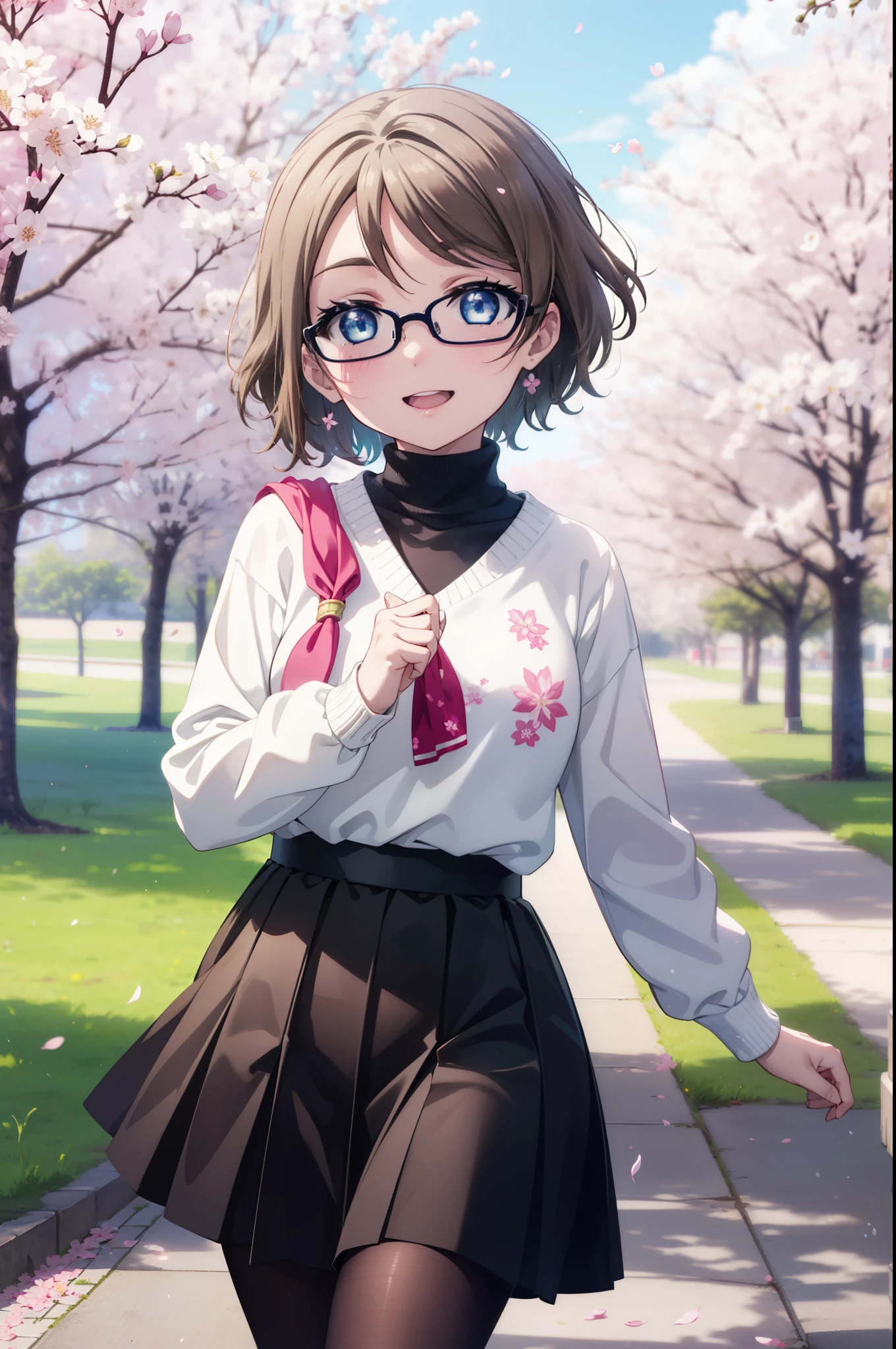 Yowatanabe, Watanabe Yo, short hair, blue eyes, brown hair, Black-rimmed glasses,hair band,Turtleneck sweater,Long skirt,Black pantyhose,short boots,Cherry blossoms are blooming,Cherry blossoms are scattered,Cherry blossom tree-lined path,happy smile, smile, Open your mouth,whole bodyがイラストに入るように,walking,
break outdoors, garden,
break looking at viewer, whole body,(Cowboy Shot:1.5),
break (masterpiece:1.2), highest quality, High resolution, unity 8k wallpaper, (figure:0.8), (Beautiful fine details:1.6), Highly detailed face, Perfect lighting, Highly detailed CG, (Perfect hands, Perfect Anatomy),