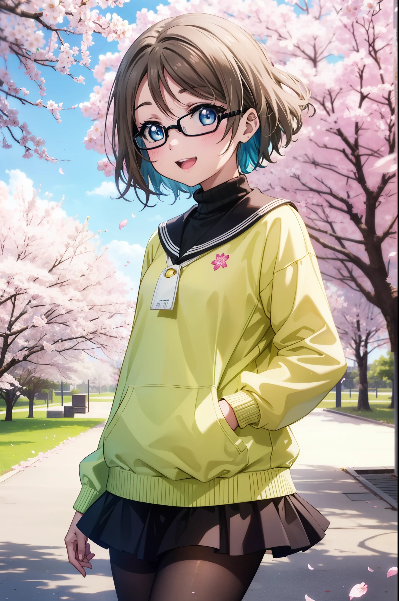 Yowatanabe, Watanabe Yo, short hair, blue eyes, brown hair, Black-rimmed glasses,hair band,Turtleneck sweater,Long skirt,Black pantyhose,short boots,Cherry blossoms are blooming,Cherry blossoms are scattered,Cherry blossom tree-lined path,happy smile, smile, Open your mouth,whole bodyがイラストに入るように,walking,
break outdoors, garden,
break looking at viewer, whole body,(Cowboy Shot:1.5),
break (masterpiece:1.2), highest quality, High resolution, unity 8k wallpaper, (figure:0.8), (Beautiful fine details:1.6), Highly detailed face, Perfect lighting, Highly detailed CG, (Perfect hands, Perfect Anatomy),