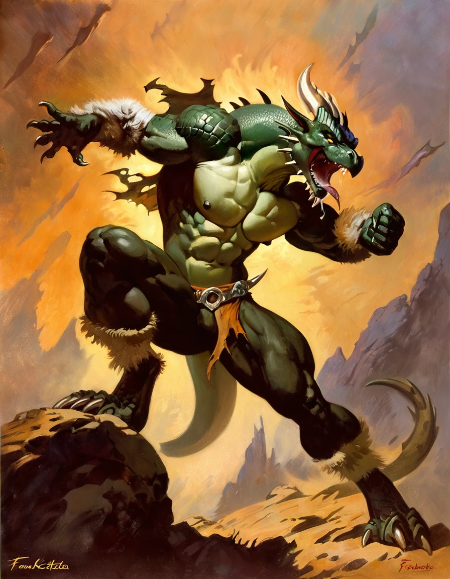 Dragon, by frank frazetta, solo, abs, pecs, male, [[battle pose]], saliva, nipples, masterpiece, best art, torn clothes