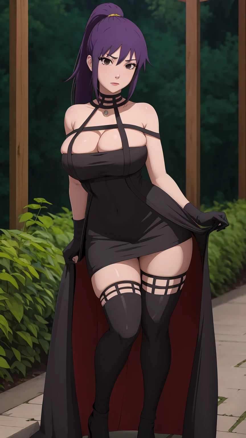 masterpiece, best quality, extremely detail 8k cg, high resolution, 1girl, yuugao, solo, purple hair, long hair, sidelocks, ponytail, brown eyes, perfect eyes, slim body, huge breasts, bursting breasts, standing, black dress, black thighhighs, black gloves, seductive face, outdoors, garden, night time, beautiful face, wide shot photo, full body