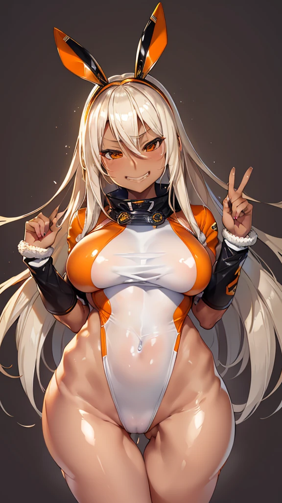 Front shot、Standing、cute woman、Lots of steam、highest quality、ウルトラ - High resolution、High resolution、Highly detailed CG、8k unit wallpaper、18-year-old、Careful and gentle eyes,Delicate and beautiful smile、Platinum Blonde Hair、Asymmetrical Hair、((( Dark Skin:1.5)))、(Shiny body,:1.5)、 Sweat,Be embarrassed、rabbit ears、(((loose socks、big breasts))) 、(Orange motocross jacket with green details, Biker clothes. Detailed design), Double Peace、Smooth body lines、Smaller butt
