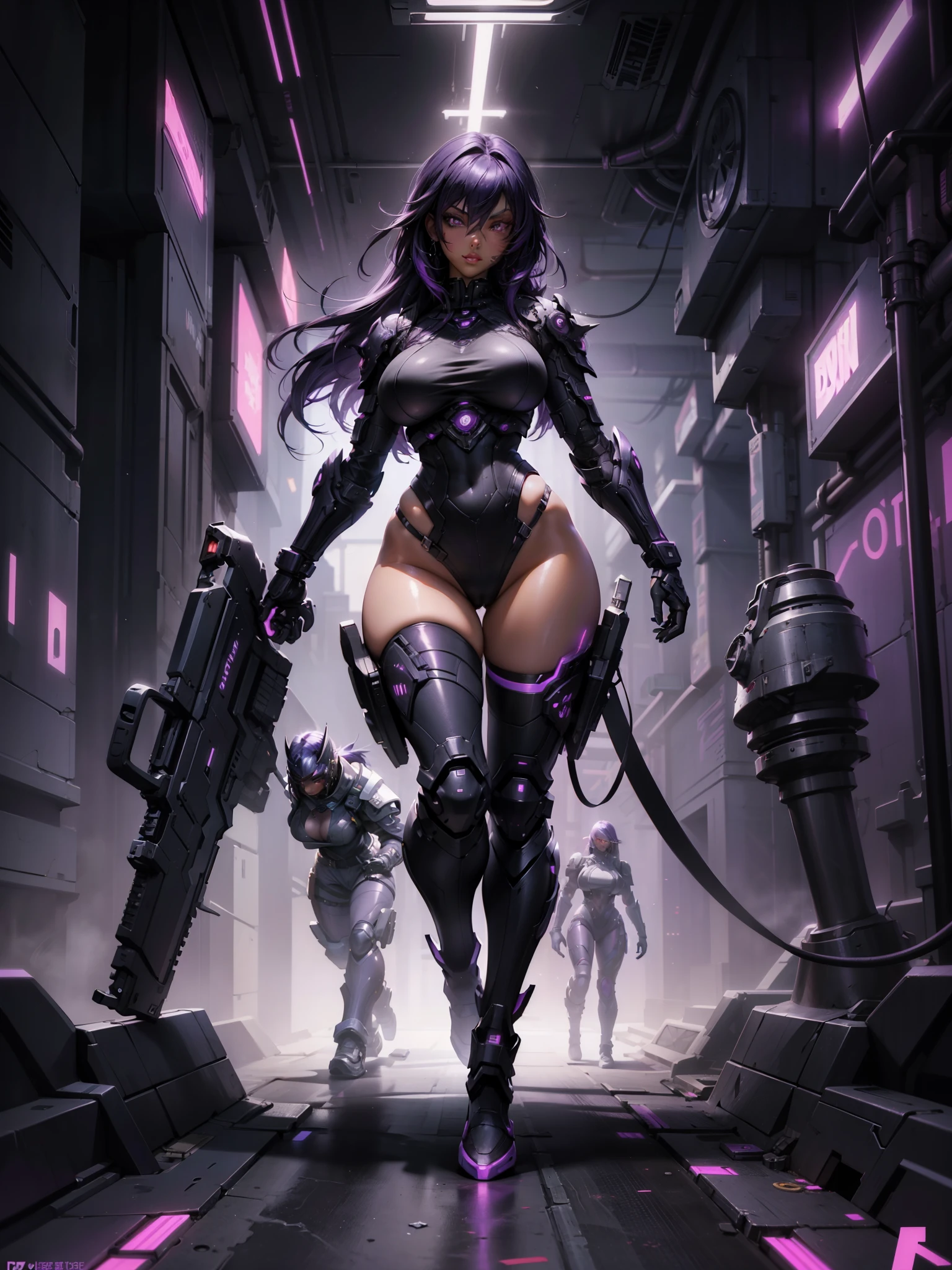 a beautiful woman with black, dark skin, purple hair, wearing cyberpunk combat armor, voluminous sexy body, full body, big breasts sexy pose character designer