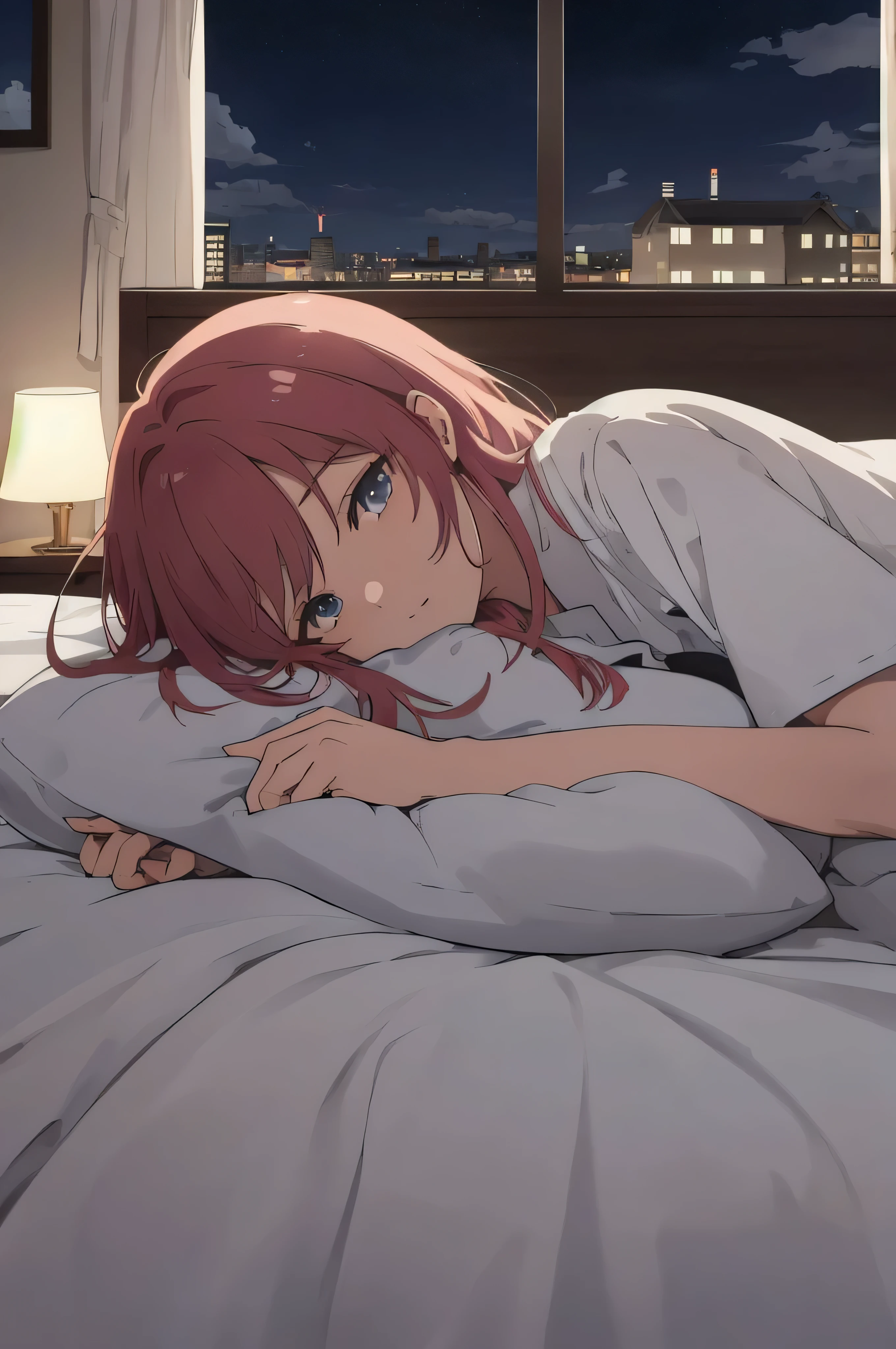 scene view,sky,anime style,on bed, house light ,night,, head rest, intense angle, curtsey,