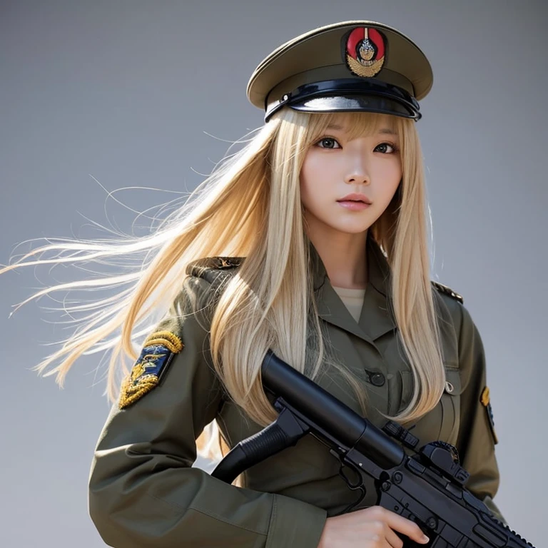 A woman with long blonde hair and bangs, she is wearing military clothes and holding a gun, she is a Korean soldier who is in a war