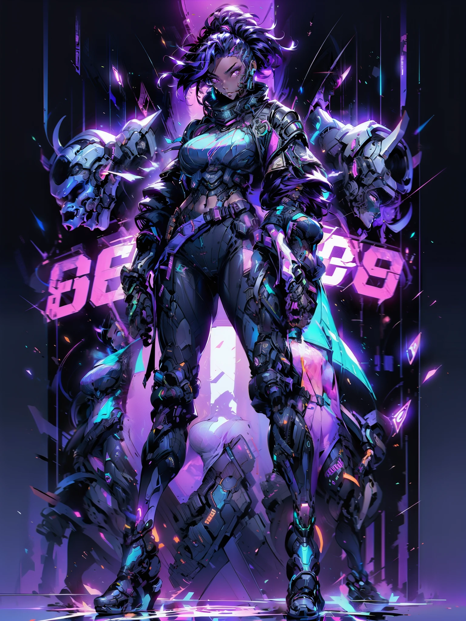 a beautiful woman with black, dark skin, purple hair, wearing cyberpunk combat armor, voluminous sexy body, full body, big breasts sexy pose character designer