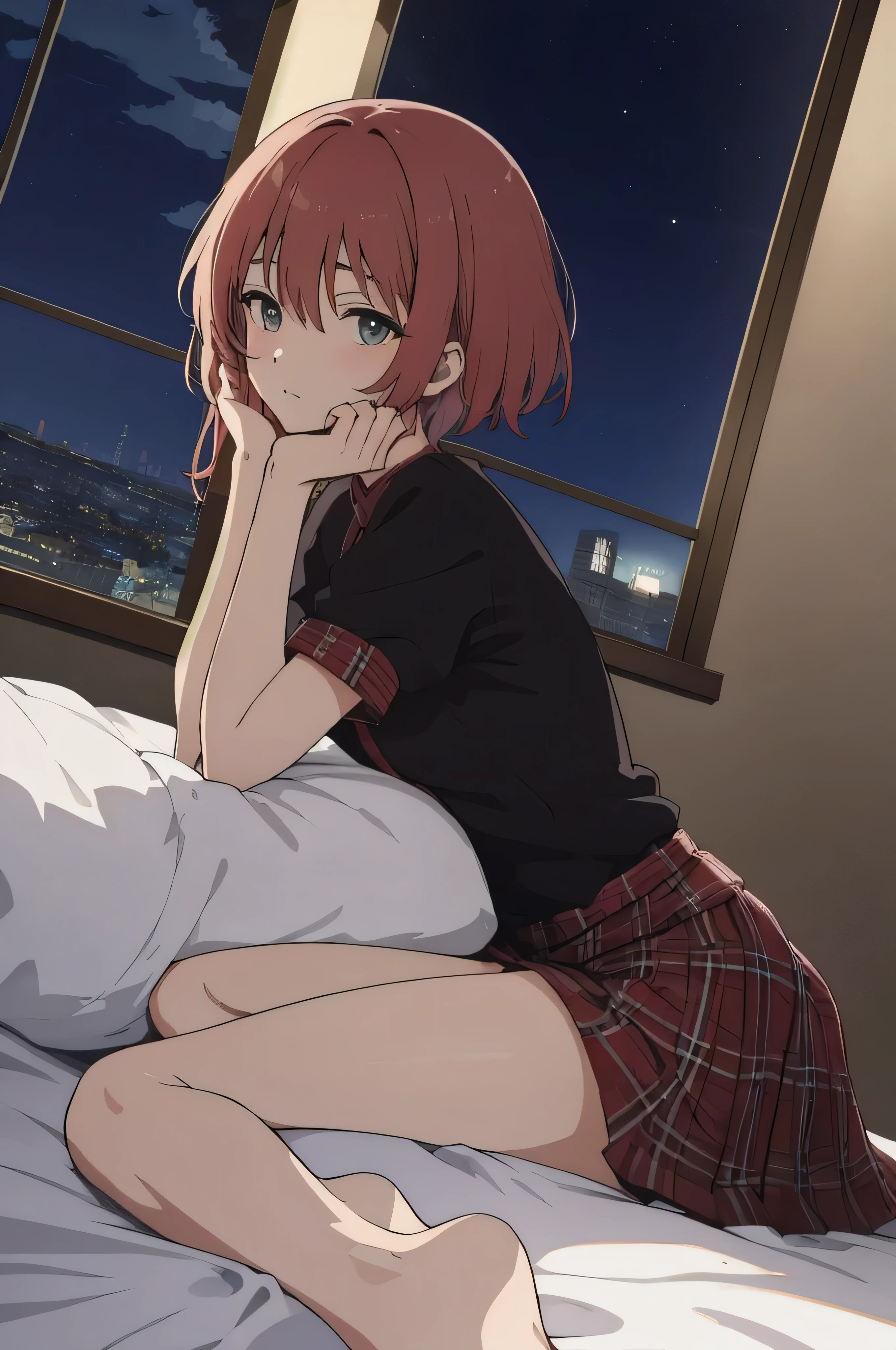 scene view,sky,anime style,on bed, house light ,night,, head rest, intense angle, curtsey,