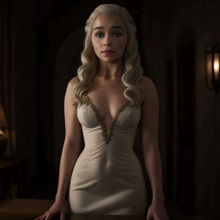 Masterpiece, best quality, detailed face, Emilia Clarke, platinum hair, sexy dress, in a room, looking at viewer, sexy smirk face