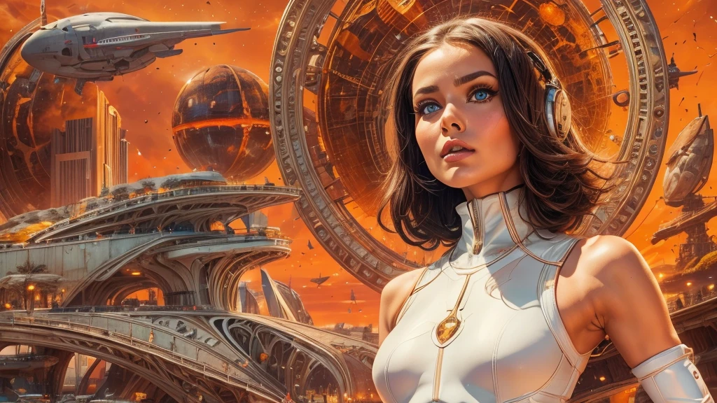 arafed image of a white woman in a futuristic suit with a spaceship in the background, movie art, in front of an orange background, inspired by Robert McGinnis, female protagonist, megastructure in the background, portrait of an ai astronaut, astronauts, an astronaut, portrait of a astronaut skeletor, perfect android girl, detailed eyes, perfectly detailed teeth, frank franzzeta and sakimichan