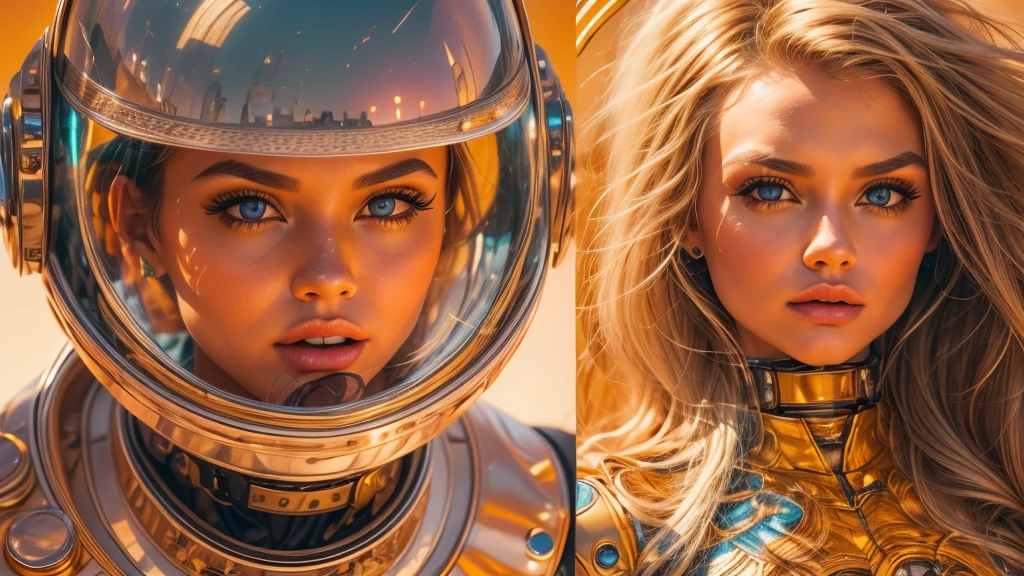arafed image of a white woman in a futuristic suit with a spaceship in the background, movie art, in front of an orange background, inspired by Robert McGinnis, female protagonist, megastructure in the background, portrait of an ai astronaut, astronauts, an astronaut, portrait of a astronaut skeletor, perfect android girl, detailed eyes, perfectly detailed teeth, frank franzzeta and sakimichan
