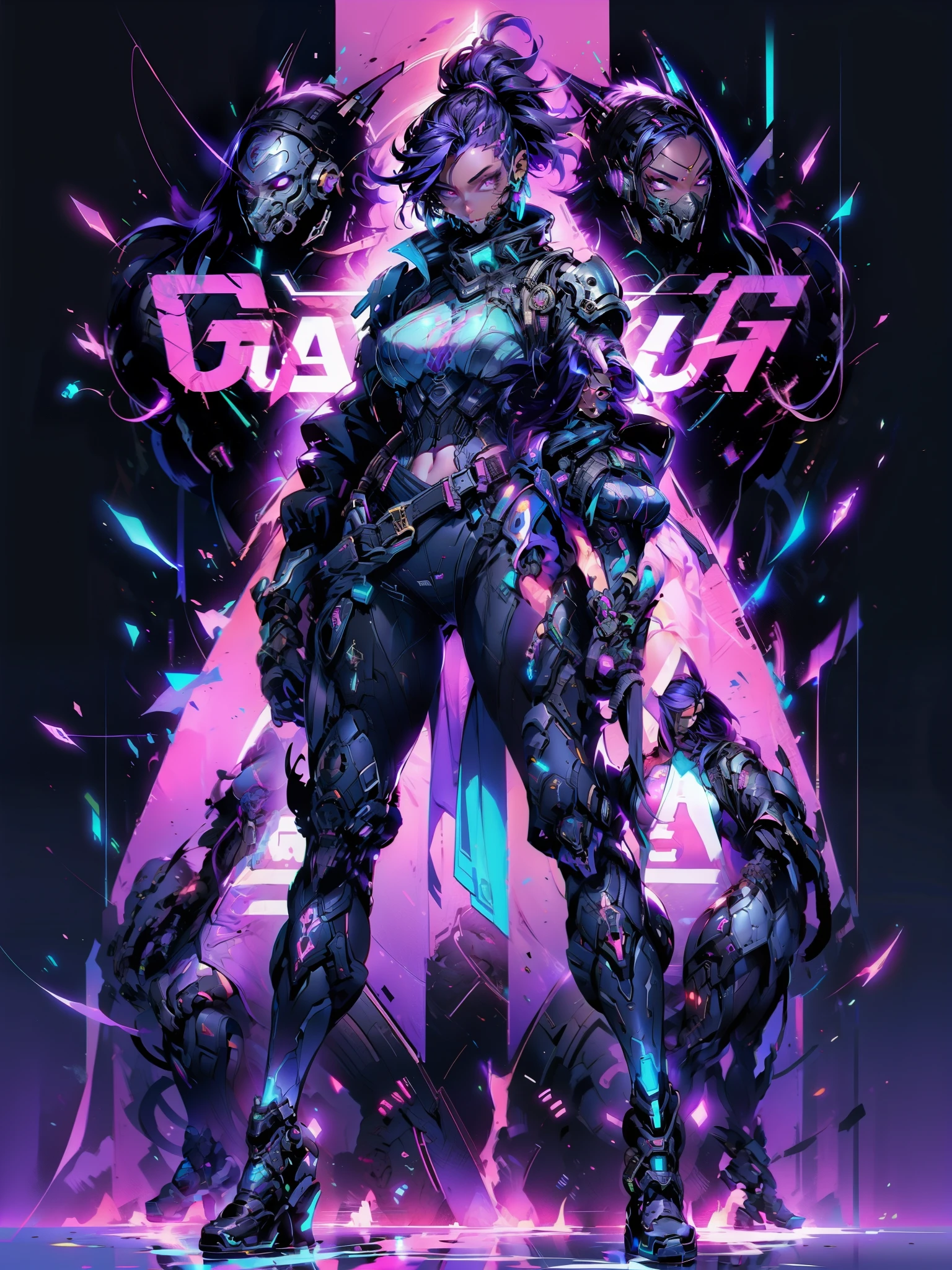 a beautiful woman with black, dark skin, purple hair, wearing cyberpunk combat armor, voluminous sexy body, full body, big breasts sexy pose character designer