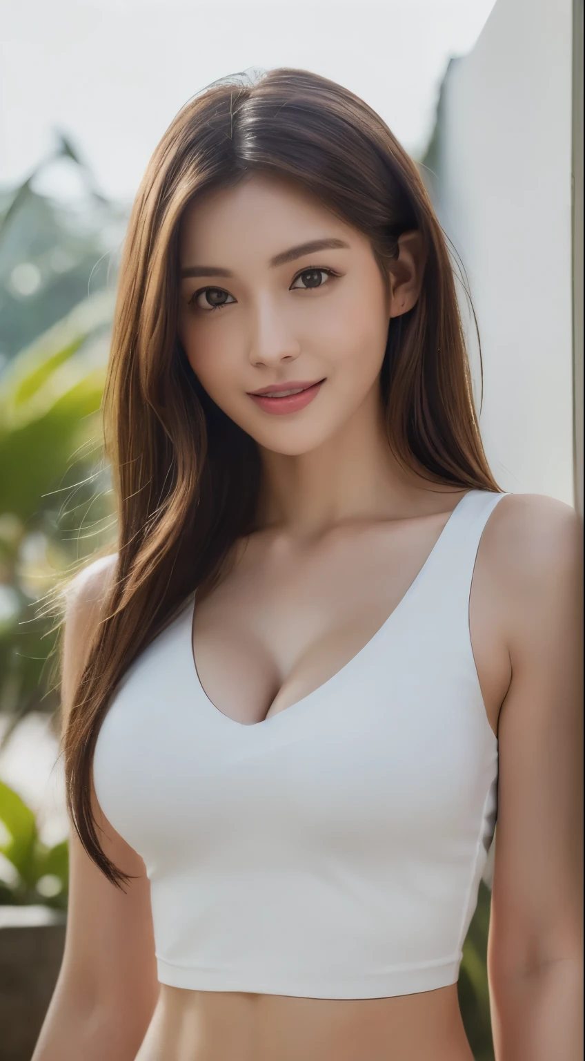 ((Realistic lighting, highest quality, 8k, masterpiece: 1.3)), Clear focus: 1.2, One Girl, Perfect beauty: 1.4, Slim Abs: 1.1, ((Dark brown hair)), (White crop top: 1.4), Tropical Sea, Very beautiful face, Beautiful Eyes, double eyelid,smile、big breasts、Cleavage
