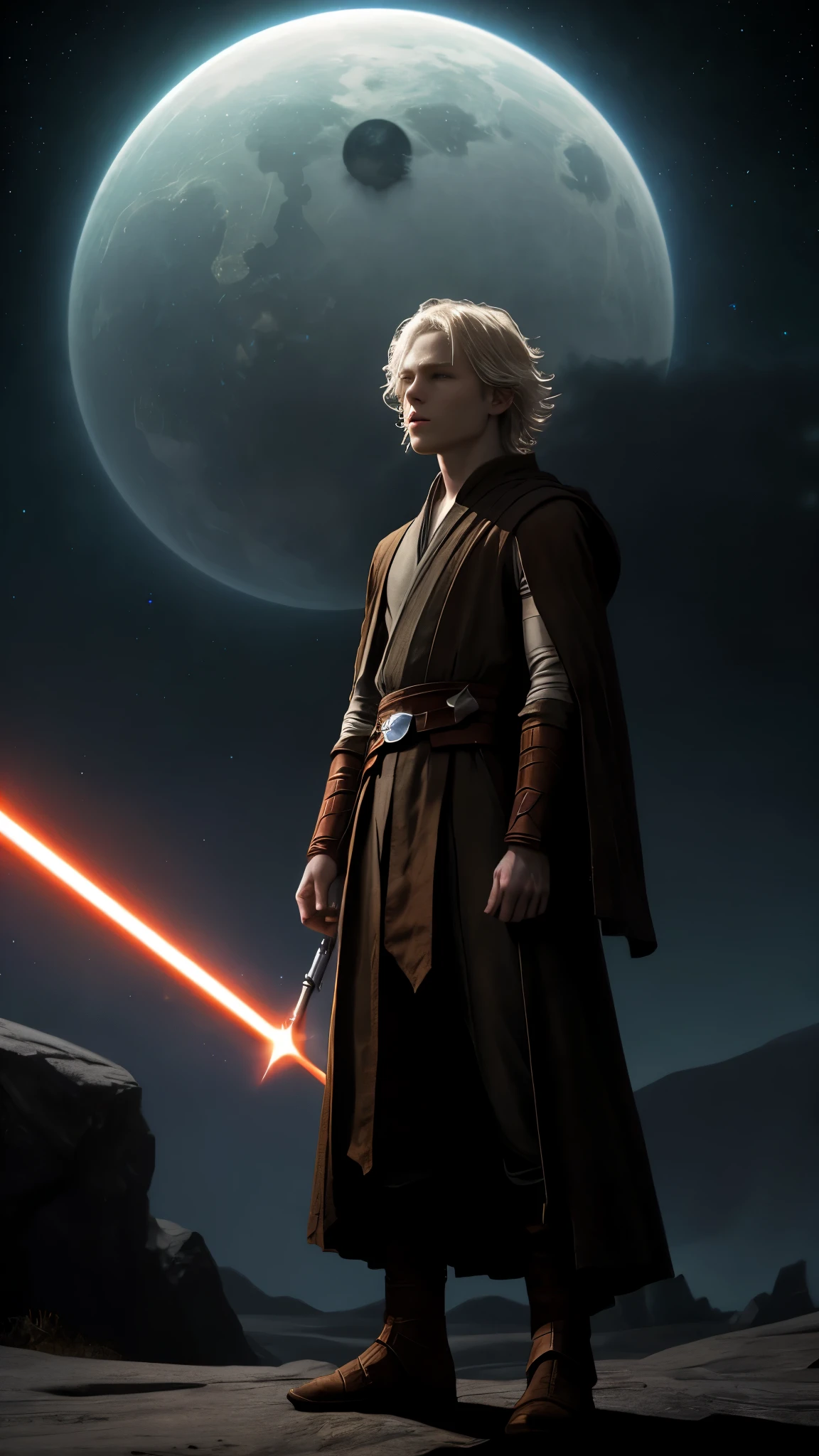 a fiery aura, the young Jedi Master's pale skin and clear-cut features are distinctly visible under the dramatic lighting. His costume casts a long shadow on the platform of the small planet, as he stands ready with a confident and determined expression. The distant star and the glowing planet in the background add to the epic and mystical atmosphere, as the energy of the scene is palpable and electrifying.