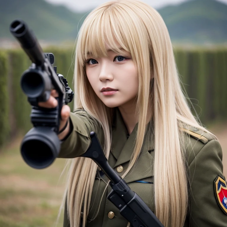 A woman with long blonde hair and bangs, she is wearing military clothes and holding a gun, she is a Korean soldier who is in a war