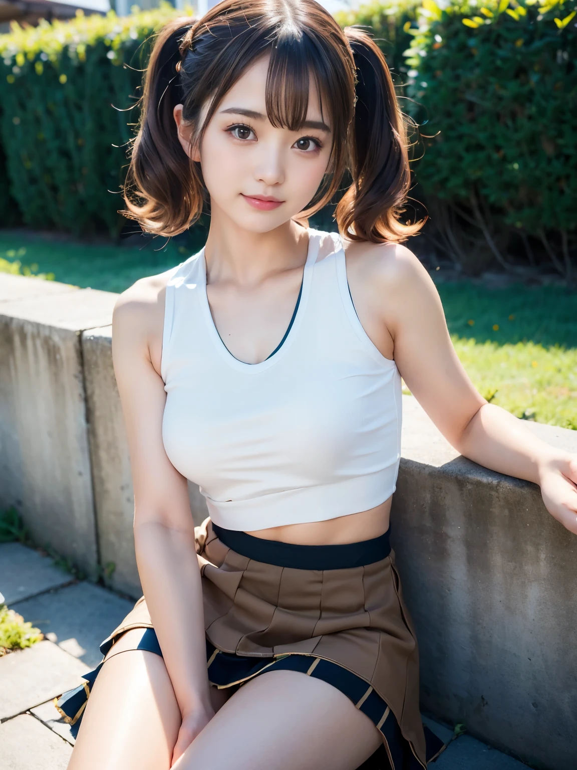 Lens 135mm f1.8, (highest quality),(RAW photo), , (Beautiful  Japanese girl), cute face, (deeply carved face:0.7), (freckles:0.6), ,dramatic , (japanese school (croptop) dark_orange_color tanktop), (inside the school), shy, low twintails, , (smile),, (sparkling eyes)、standing,