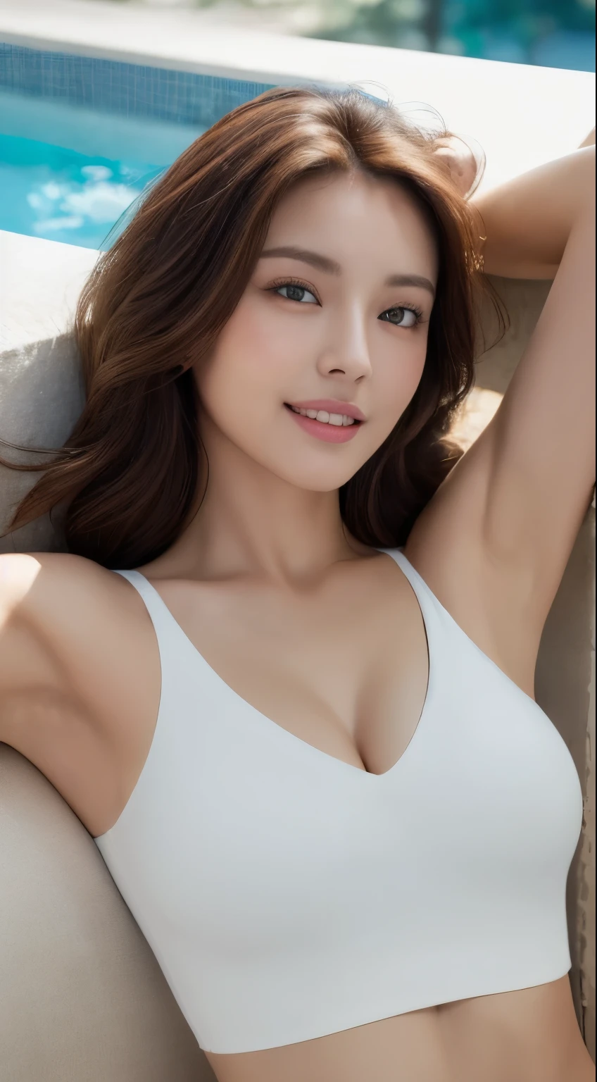 ((Realistic lighting, highest quality, 8k, masterpiece: 1.3)), Clear focus: 1.2, One Girl, Perfect beauty: 1.4, Slim Abs: 1.1, ((Dark brown hair)), (White crop top: 1.4), Poolside, Very beautiful face, Beautiful Eyes, double eyelid,smile、big breasts、Cleavage