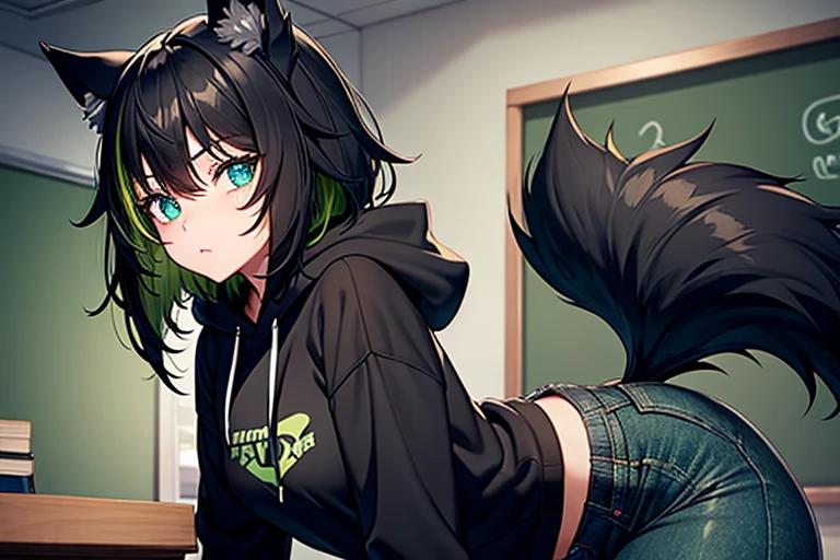 Female, black hair, dark green highlights, wolf ears and tail, blue eyes, green hoodie, black jeans, black backpack, classroom