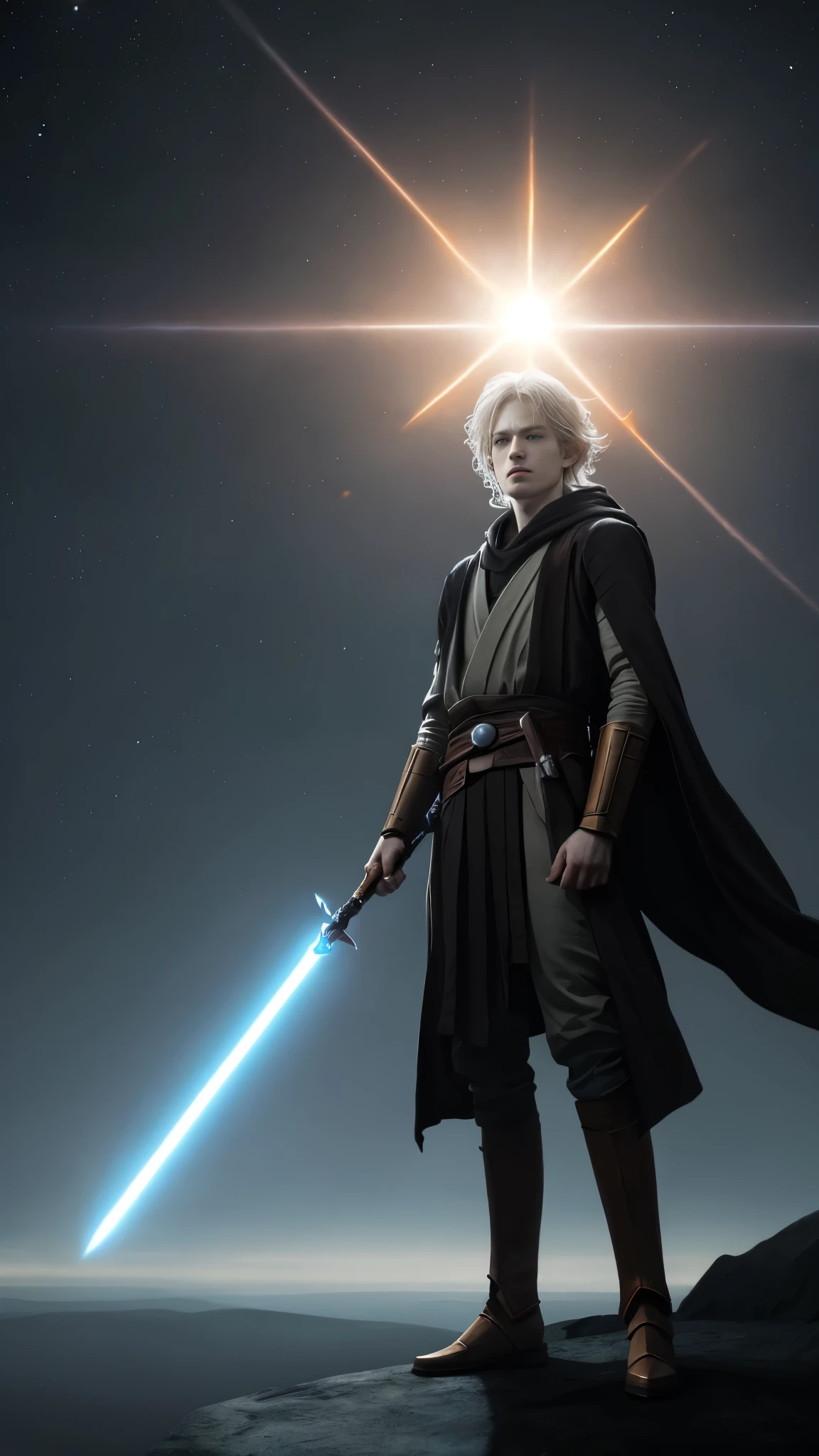 a fiery aura, the young Jedi Master's pale skin and clear-cut features are distinctly visible under the dramatic lighting. His costume casts a long shadow on the platform of the small planet, as he stands ready with a confident and determined expression. The distant star and the glowing planet in the background add to the epic and mystical atmosphere, as the energy of the scene is palpable and electrifying.