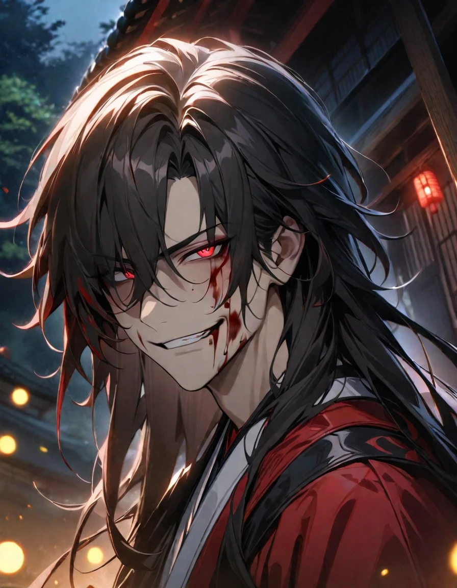 absurdres, highres, ultra detailed, HDR, master piece, best quality, extremely detailed face and eyes, Blade, black long hair, expressive crimson eyes, Honkai star rail, 1 man, evil smirk, face covered in blood, extremely handsome, red haori, black kimono, night, Japanese traditional residence, trees, fireflies 